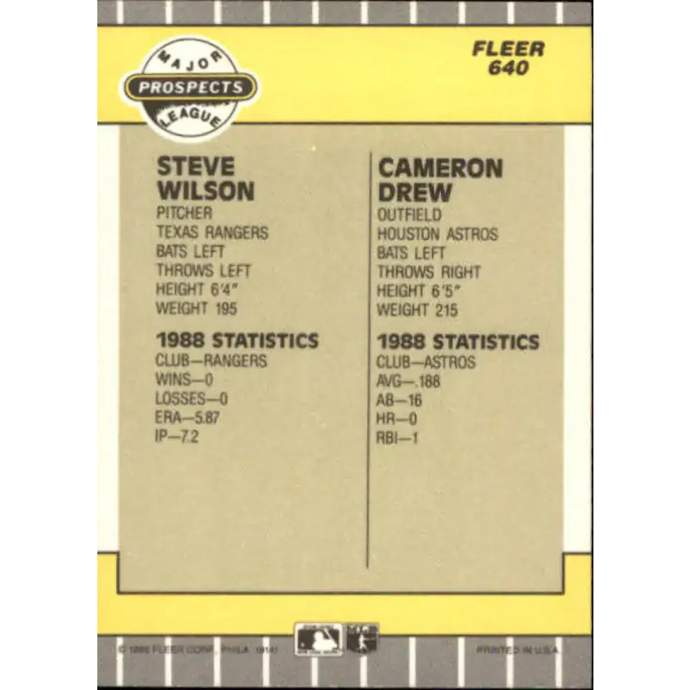 1989 Fleer #640 Steve Wilson/Cameron Drew EX Excellent RC Rookie Texas Rangers/Houston Astros Baseball Card - Baseball