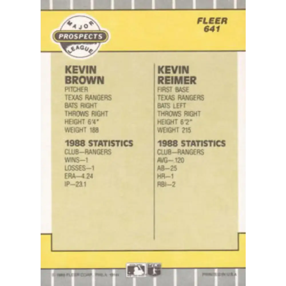 1989 Fleer #641 Kevin Brown/Kevin Reimer EX Excellent Texas Rangers Baseball Card - Baseball Card Single