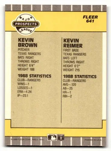 Baseball card back featuring Kevin Brown and Kevin Reimer with original gloss