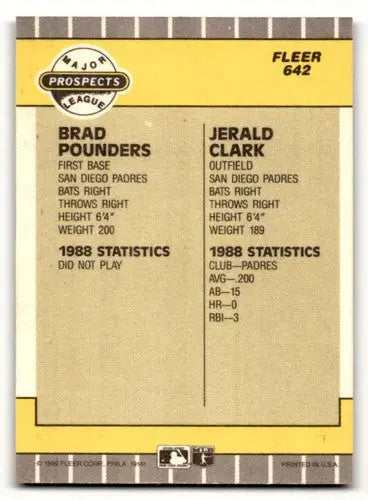 Original gloss baseball card back featuring Brad Pounders and Jerald Clark San Diego Padres