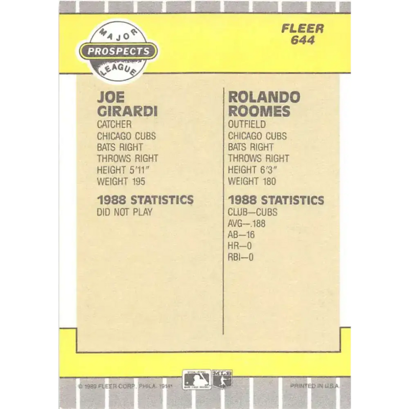 1989 Fleer #644 Joe Girardi/Rolando Roomes EX Excellent RC Rookie Chicago Cubs Baseball Card - Baseball Card Single