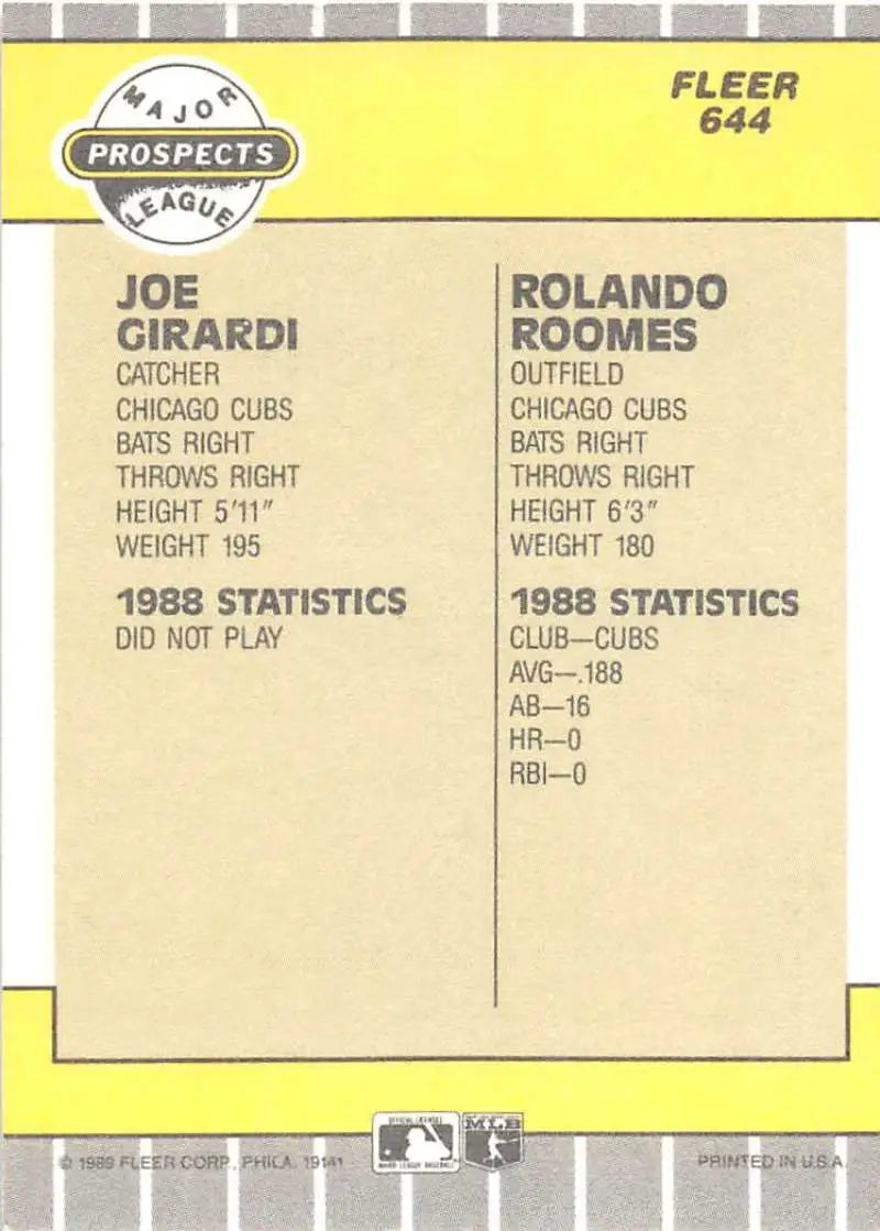 1989 Fleer #644 Joe Girardi/Rolando Roomes NM Near Mint RC Rookie Cubs ID:82338 - Baseball Card Single