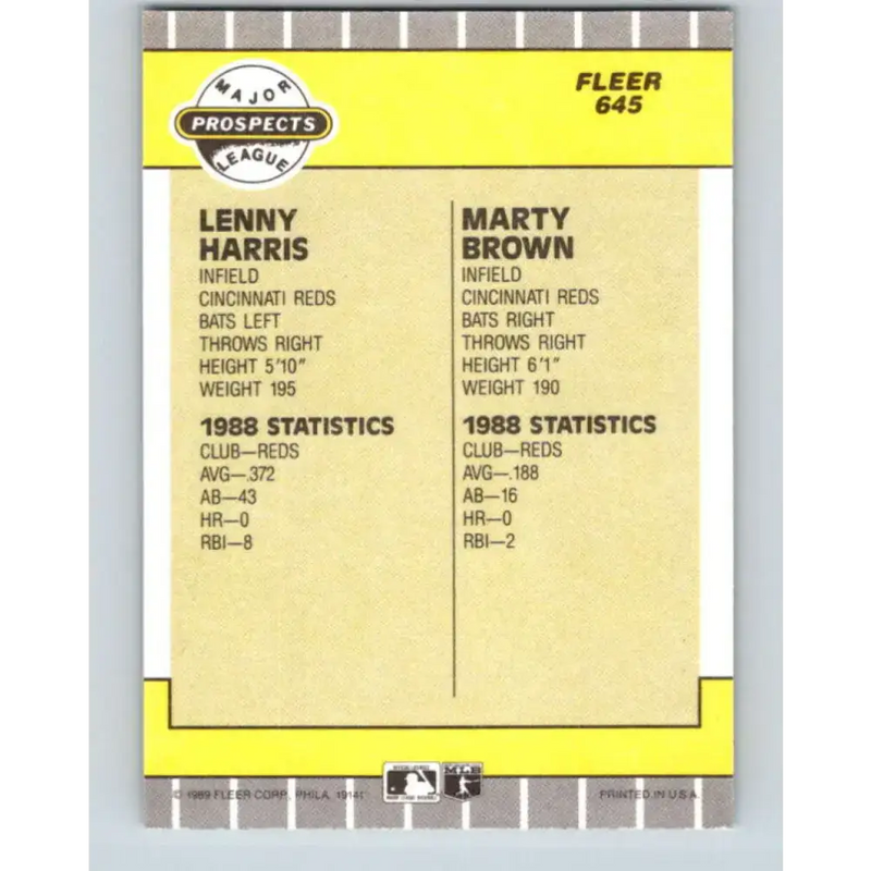 1989 Fleer #645 Lenny Harris/Marty Brown EX Excellent RC Rookie Cincinnati Reds Baseball Card - Baseball Card Single