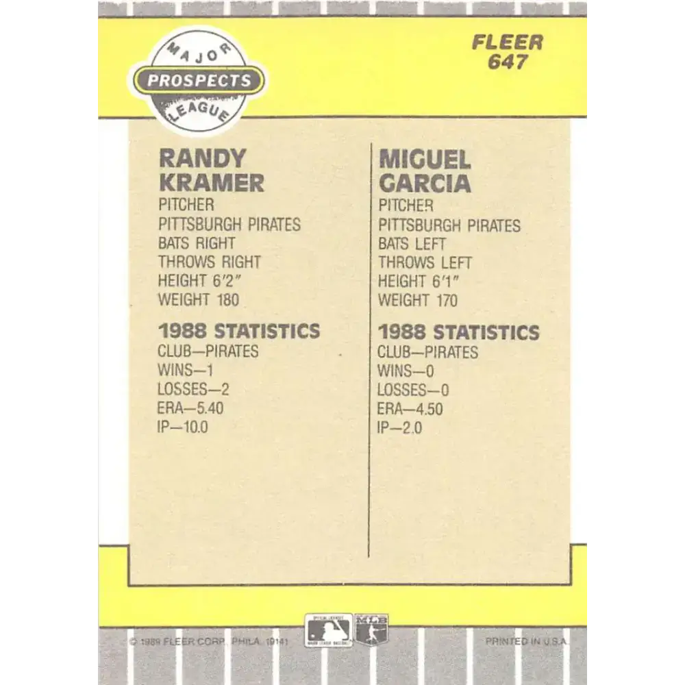 1989 Fleer #647 Randy Kramer/Miguel Garcia EX Excellent RC Rookie Pittsburgh Pirates Baseball Card - Baseball Card