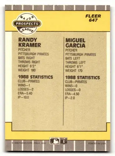 Baseball card back with original gloss featuring Randy Kramer and Miguel Garcia rookie players