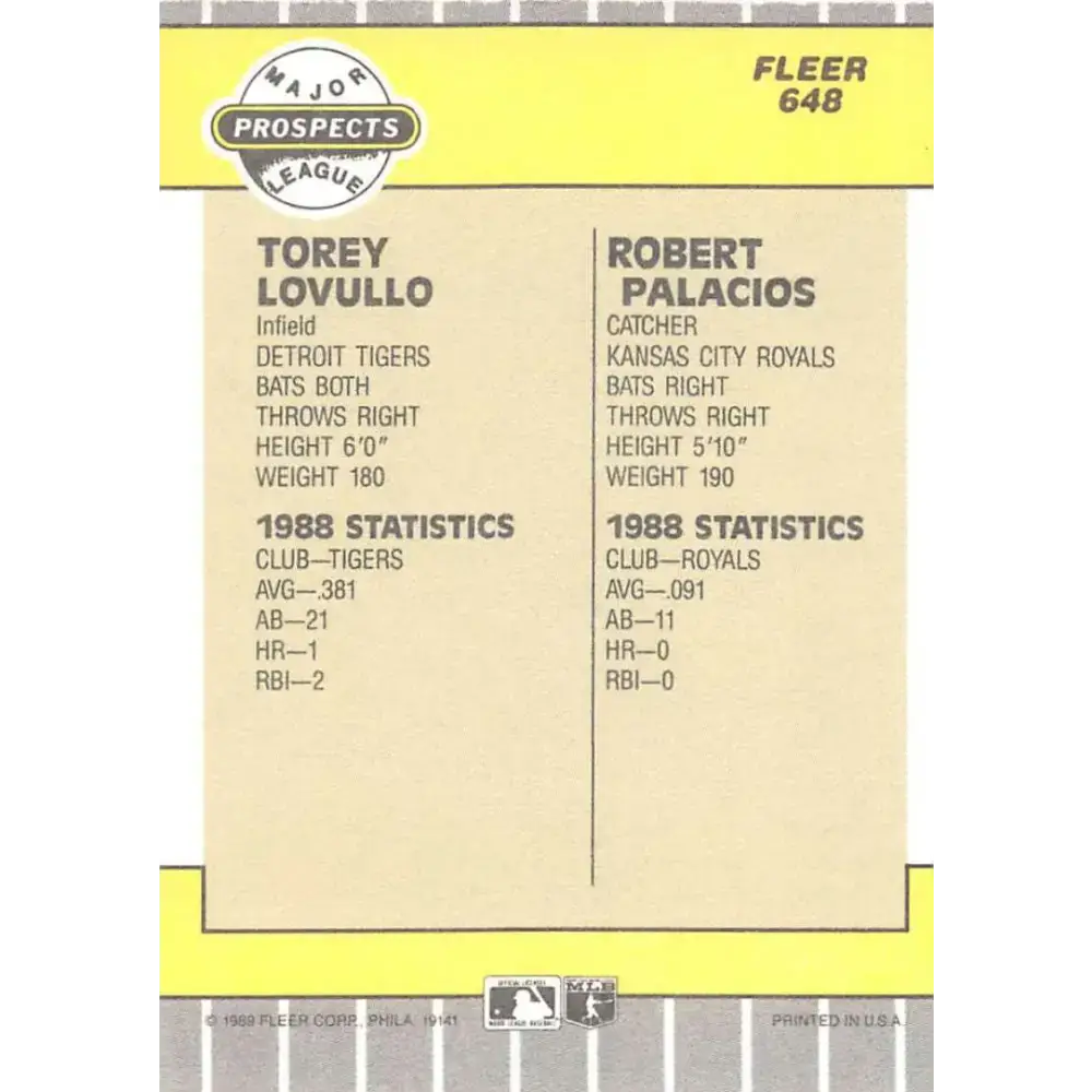1989 Fleer #648 Torey Lovullo/Robert Palacios EX Excellent RC Rookie Detroit Tigers/Kansas City Royals Baseball Card