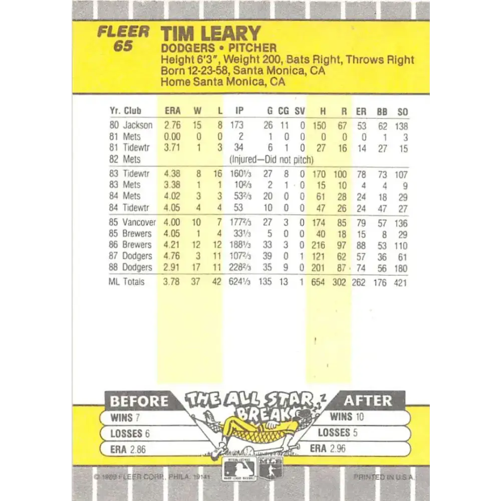1989 Fleer #65 Tim Leary EX Excellent Los Angeles Dodgers Baseball Card - Baseball Card Single