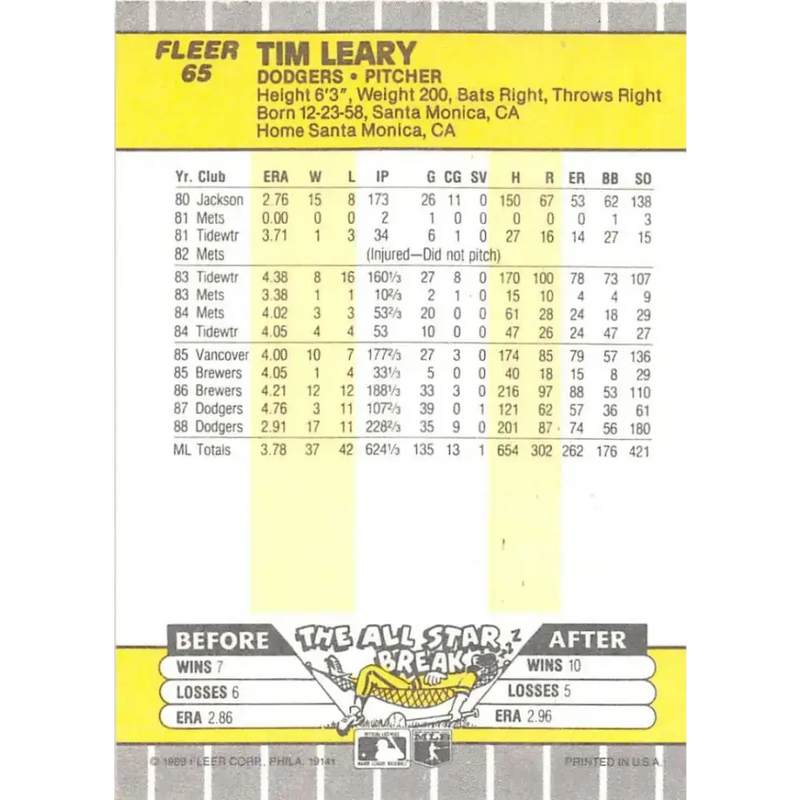 1989 Fleer #65 Tim Leary EX Excellent Los Angeles Dodgers Baseball Card - Baseball Card Single