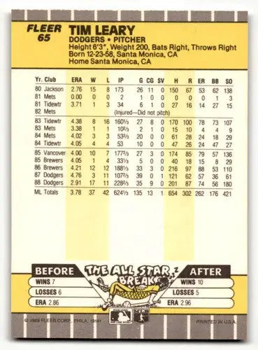 1989 Fleer #65 Tim Leary Los Angeles Dodgers Baseball Cards NM Near ID:54509 - Baseball Card Single