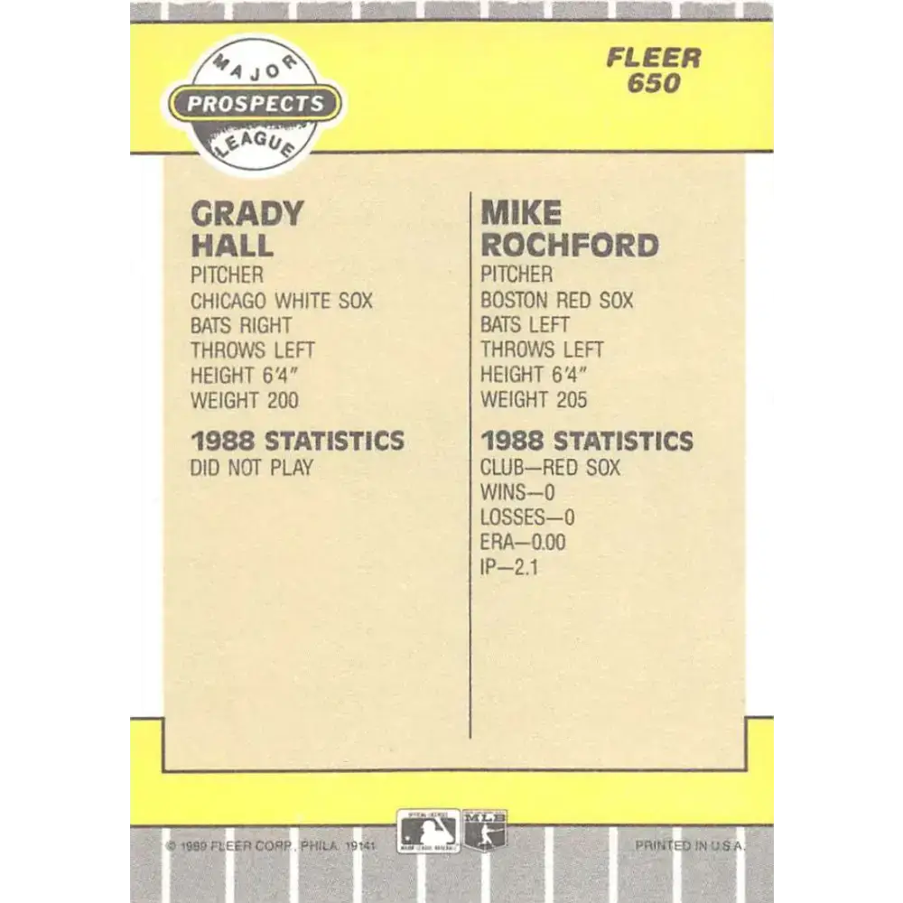 1989 Fleer #650 Grady Hall/Mike Rochford EX Excellent RC Rookie Chicago White Sox/Boston Red Sox Baseball Card