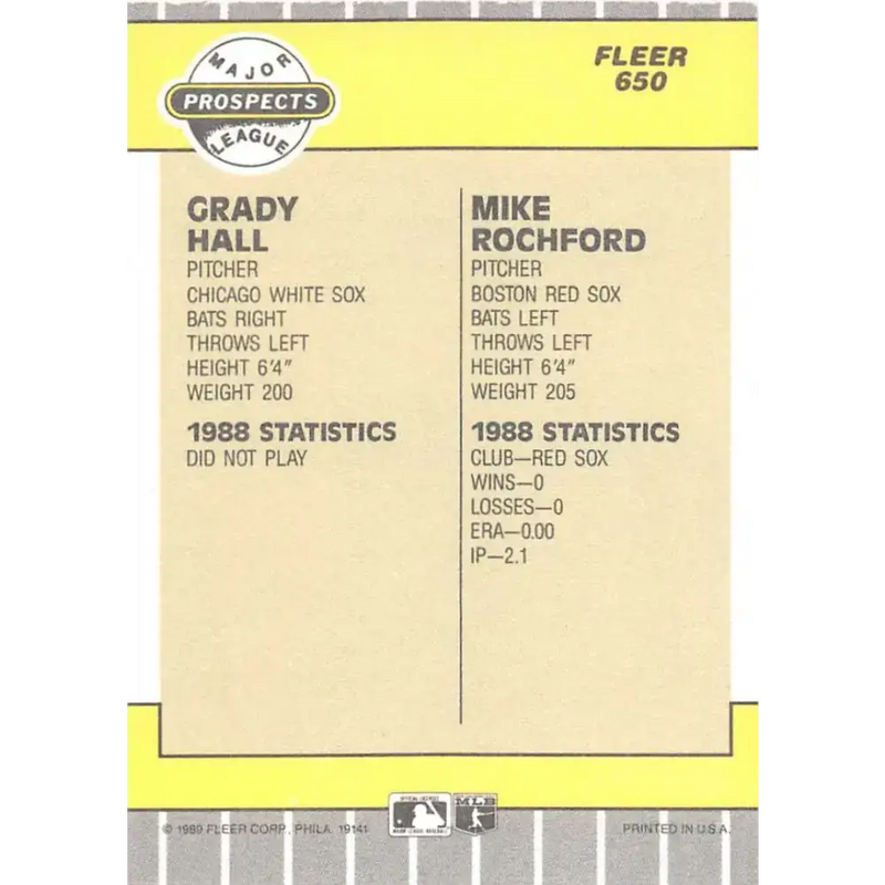 1989 Fleer #650 Grady Hall/Mike Rochford EX Excellent RC Rookie Chicago White Sox/Boston Red Sox Baseball Card