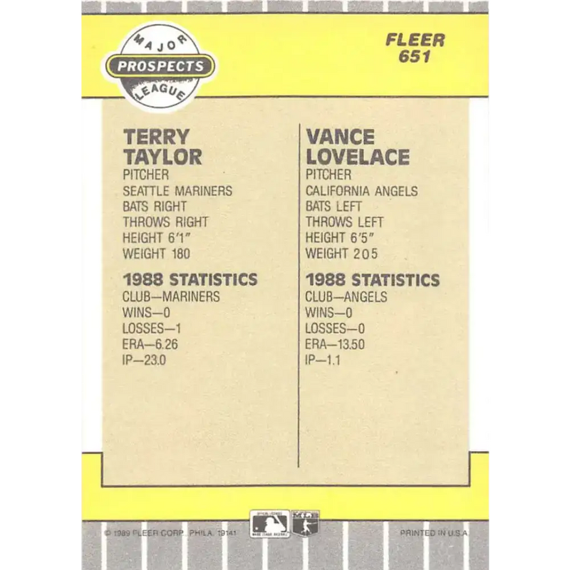 1989 Fleer #651 Terry Taylor/Vance Lovelace EX Excellent RC Rookie Seattle Mariners/California Angels Baseball Card