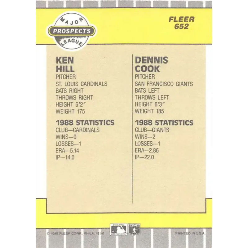 1989 Fleer #652 Ken Hill/Dennis Cook EX Excellent RC Rookie St. Louis Cardinals/San Francisco Giants Baseball Card
