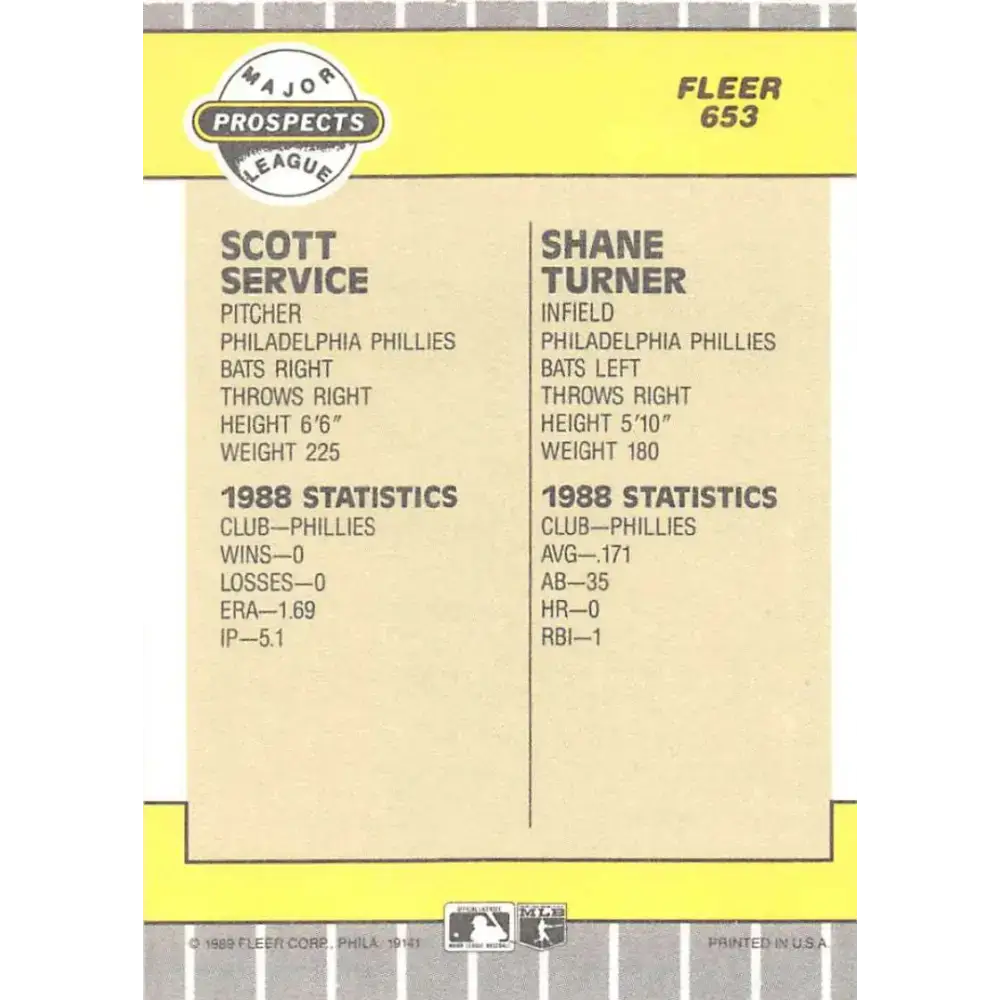1989 Fleer #653 Scott Service/Shane Turner EX Excellent Philadelphia Phillies Baseball Card - Baseball Card Single