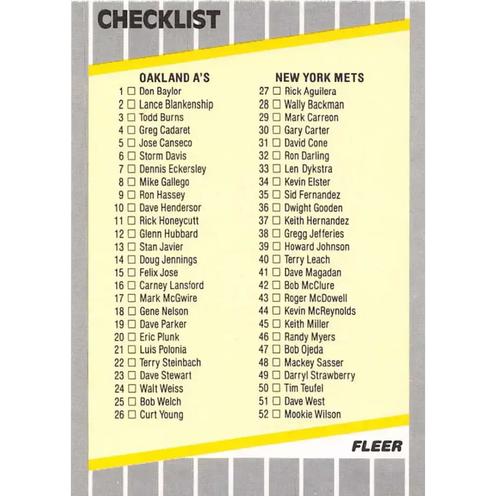 1989 Fleer #654 Checklist Oakland/Mets Dodgers/Red Sox EX Excellent Oakland Athletics/New York Mets/Los Angeles