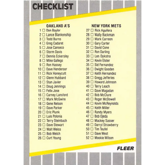 1989 Fleer #654 Checklist Oakland/Mets Dodgers/Red Sox EX Excellent Oakland Athletics/New York Mets/Los Angeles