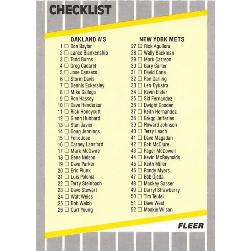1989 Fleer #654 Checklist Oakland/Mets Dodgers/Red Sox EX Excellent Oakland Athletics/New York Mets/Los Angeles
