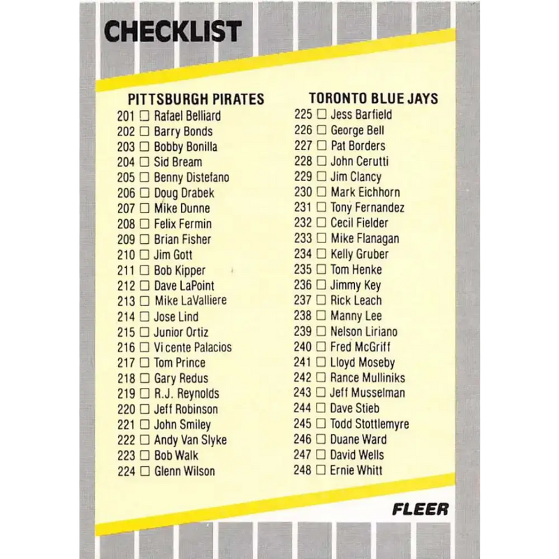 1989 Fleer #656 Checklist Pirates/Blue Jays Yankees/Royals EX Excellent Pittsburgh Pirates/Toronto Blue Jays/New York