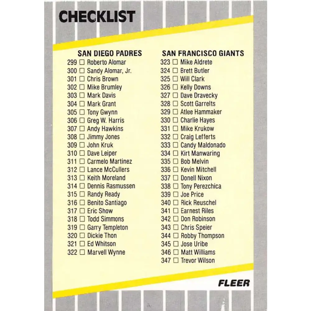 1989 Fleer #657 Checklist Padres/Giants Astros/Expos EX Excellent San Diego Padres/San Francisco Giants/Houston
