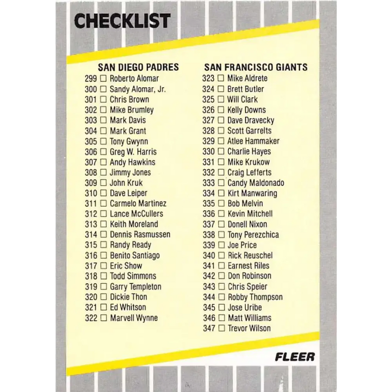 1989 Fleer #657 Checklist Padres/Giants Astros/Expos EX Excellent San Diego Padres/San Francisco Giants/Houston