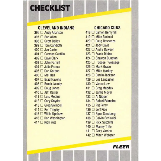 1989 Fleer #658 Checklist Indians/Cubs Cardinals/Angels EX Excellent Cleveland Indians/Chicago Cubs/St. Louis