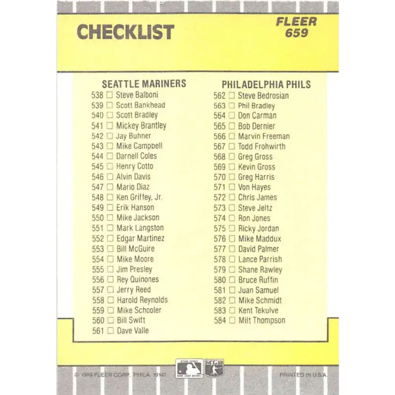 1989 Fleer #659 Checklist White Sox/Rangers Mariners/Phillies EX Excellent Chicago White Sox/Texas Rangers/Seattle