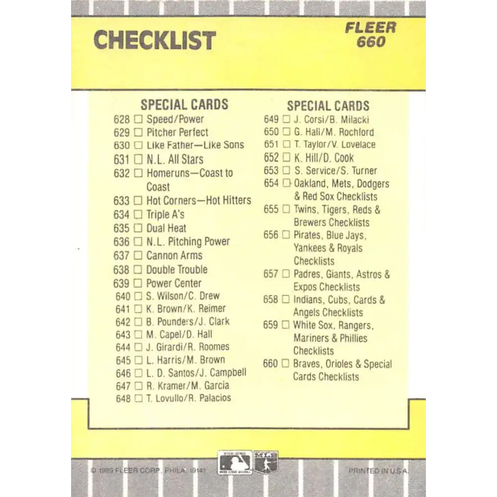 1989 Fleer #660 Checklist Mariners/Orioles Specials/Checklists EX Excellent Atlanta Braves/Baltimore Orioles Baseball