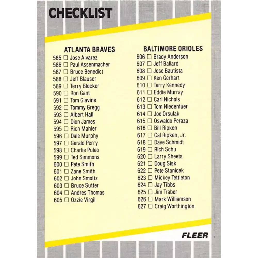 1989 Fleer #660 Checklist Mariners/Orioles Specials/Checklists EX Excellent Atlanta Braves/Baltimore Orioles Baseball