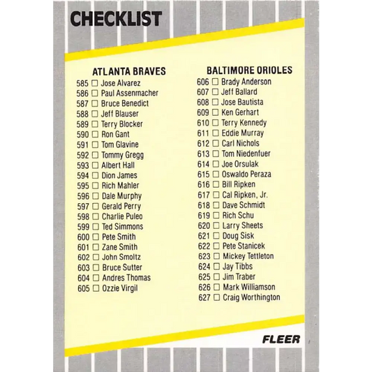 1989 Fleer #660 Checklist Mariners/Orioles Specials/Checklists EX Excellent Atlanta Braves/Baltimore Orioles Baseball