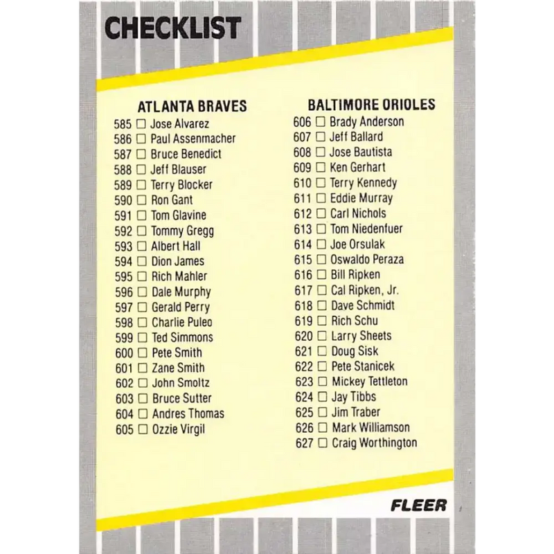 1989 Fleer #660 Checklist Mariners/Orioles Specials/Checklists EX Excellent Atlanta Braves/Baltimore Orioles Baseball