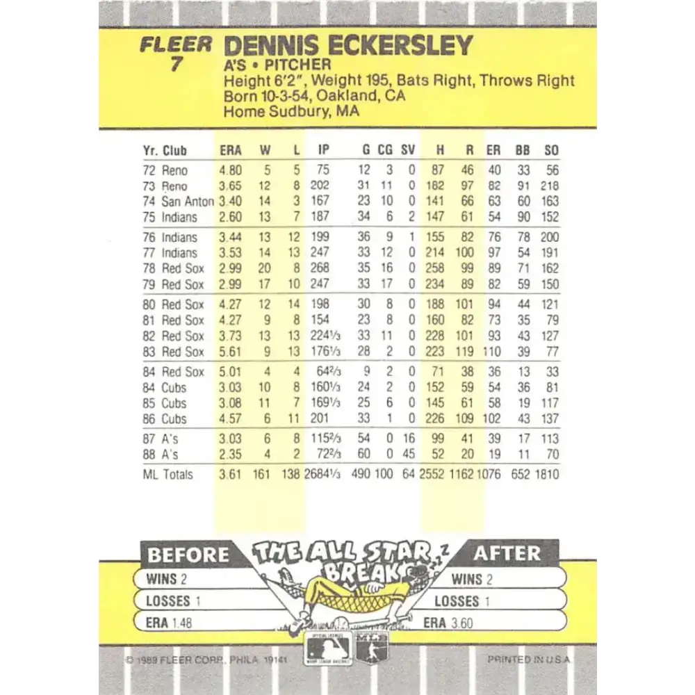 1989 Fleer #7 Dennis Eckersley EX Excellent Oakland Athletics Baseball Card - Baseball Card Single