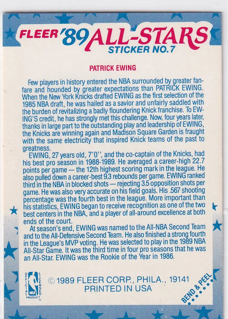 1989 FLEER #7 PATRICK EWING ALL STAR STICKER- NEW YORK KNICKS