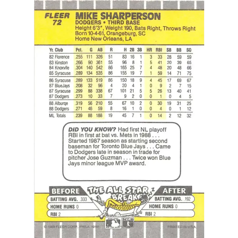 1989 Fleer #72 Mike Sharperson EX Excellent Los Angeles Dodgers Baseball Card - Baseball Card Single