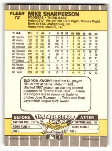 Original gloss 1989 Fleer Mike Sharperson Los Angeles Dodgers baseball card