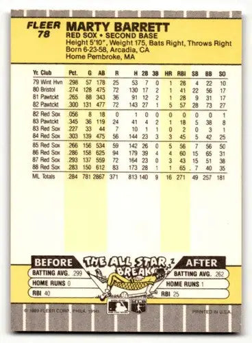 Original gloss Marty Barrett Boston baseball card from 1989 Fleer #78 Barrett Boston Red Sox