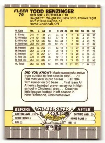 Todd Benzinger Boston Red Sox baseball card 1989 Fleer #79 original gloss NM