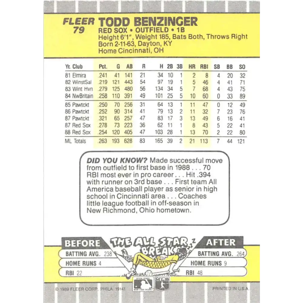 1989 Fleer #79 Todd Benzinger EX Excellent Boston Red Sox Baseball Card - Baseball Card Single