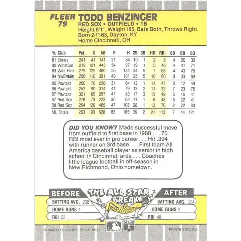 1989 Fleer #79 Todd Benzinger EX Excellent Boston Red Sox Baseball Card - Baseball Card Single