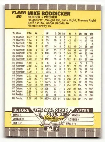 Original gloss Boston Red Sox Mike Boddicker baseball card from 1989 Fleer #80