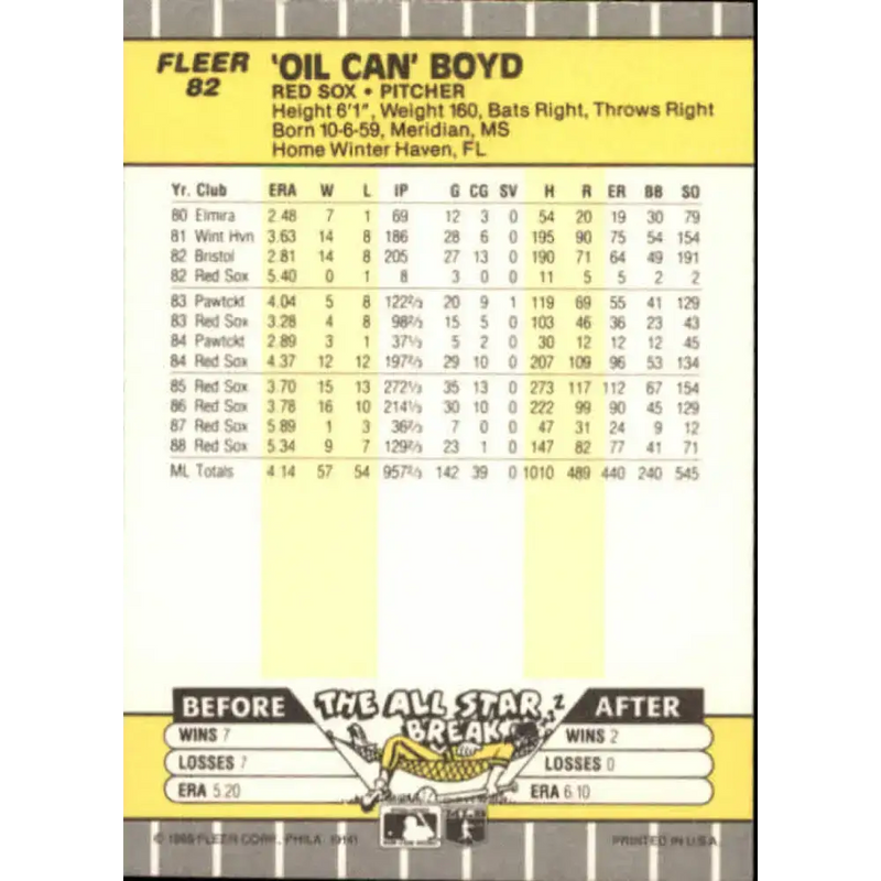 1989 Fleer #82 Oil Can Boyd EX Excellent Boston Red Sox Baseball Card - Baseball Card Single