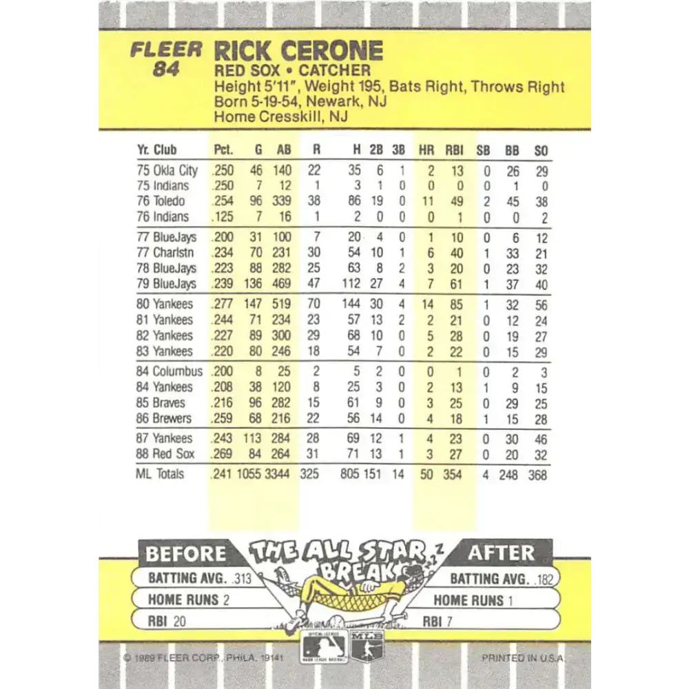 1989 Fleer #84 Rick Cerone EX Excellent Boston Red Sox Baseball Card - Baseball Card Single