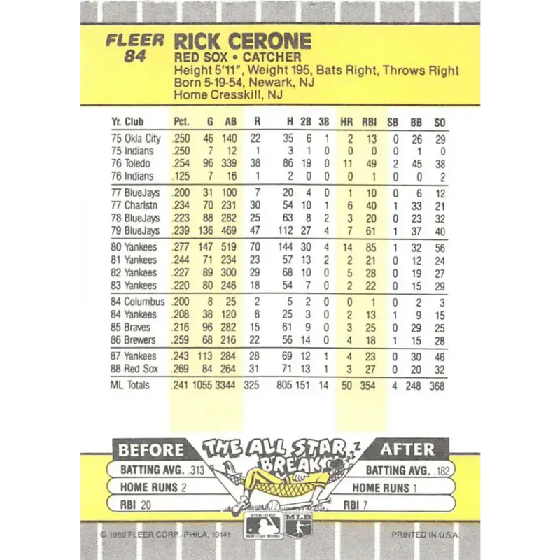 1989 Fleer #84 Rick Cerone EX Excellent Boston Red Sox Baseball Card - Baseball Card Single