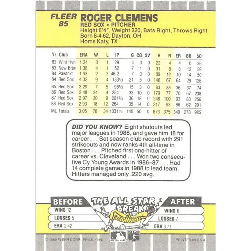 1989 Fleer #85 Roger Clemens EX Excellent Boston Red Sox Baseball Card - Baseball Card Single