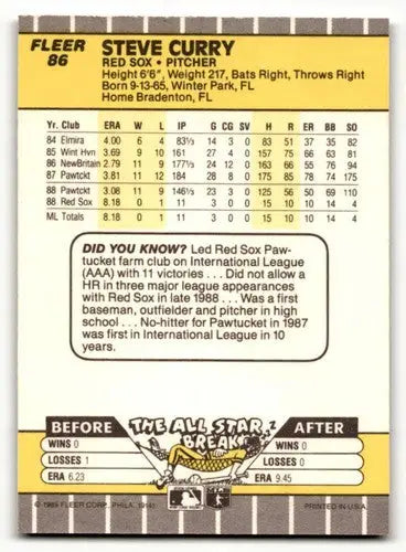 1989 Fleer Steve Curry Boston Red Sox baseball card displaying Curry Boston Red player
