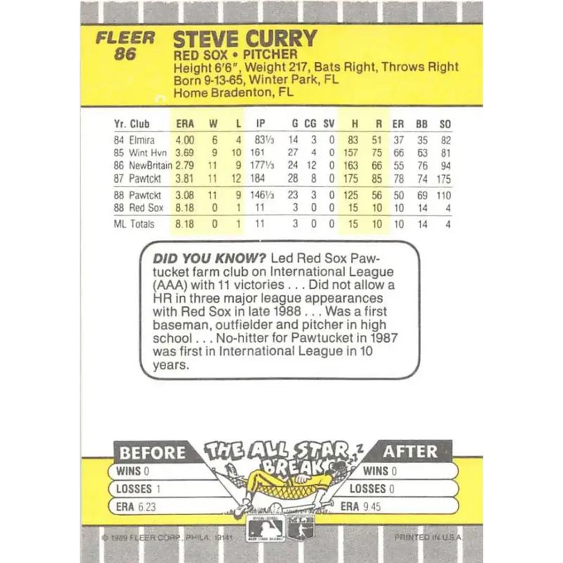1989 Fleer #86 Steve Curry EX Excellent RC Rookie Boston Red Sox Baseball Card - Baseball Card Single