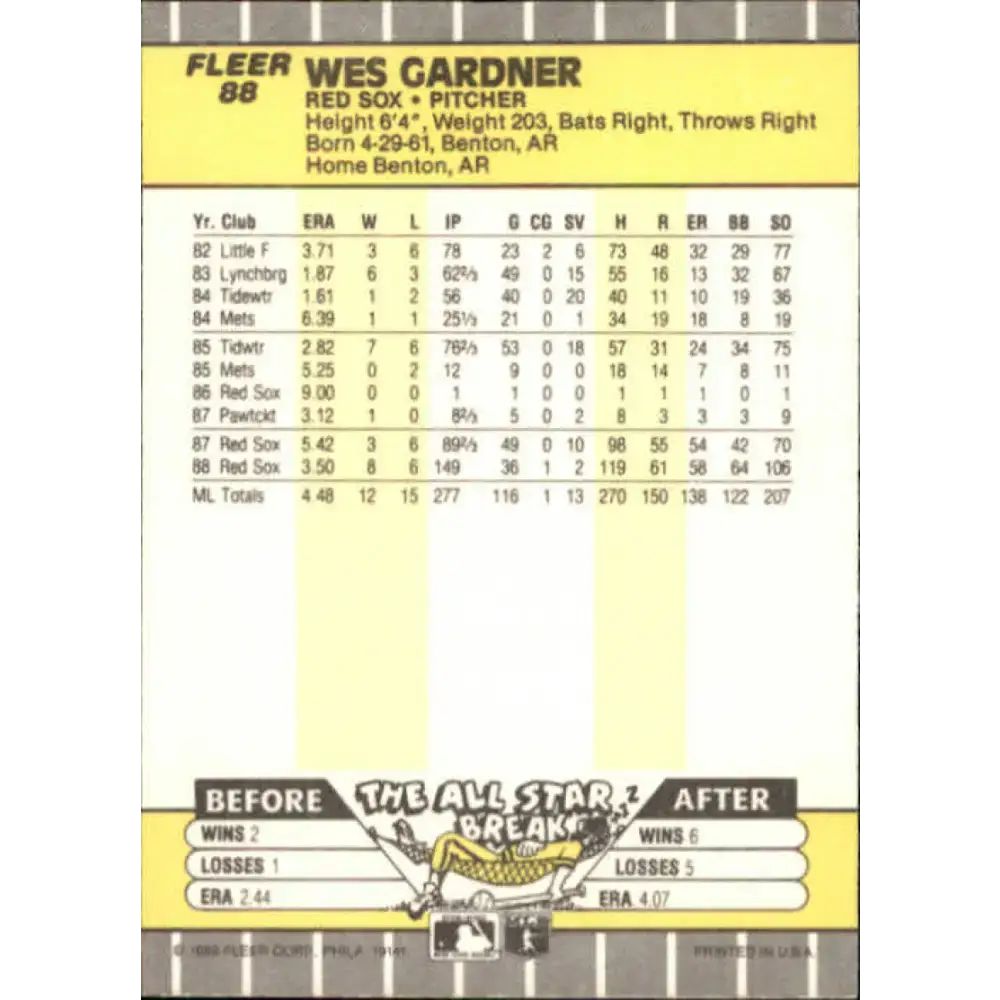 1989 Fleer #88 Wes Gardner EX Excellent Boston Red Sox Baseball Card - Baseball Card Single