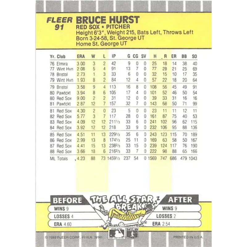 1989 Fleer #91 Bruce Hurst EX Excellent Boston Red Sox Baseball Card - Baseball Card Single