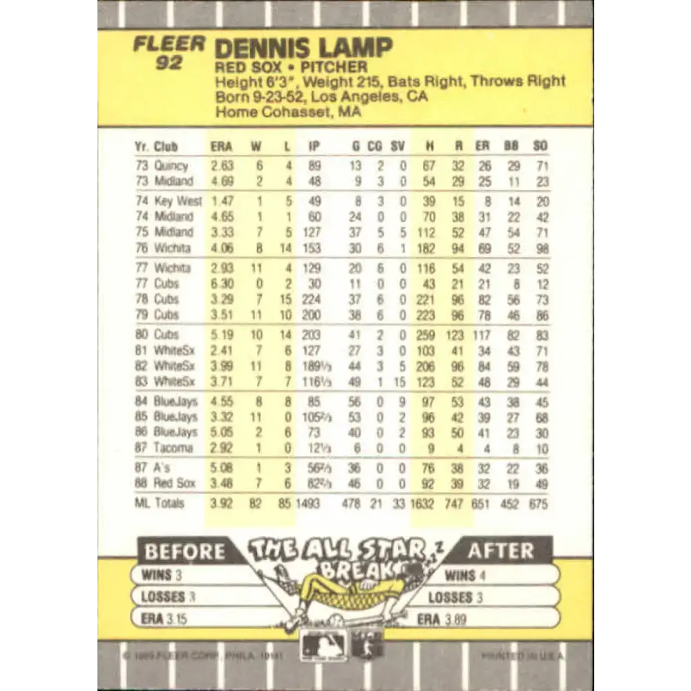 1989 Fleer #92 Dennis Lamp EX Excellent Boston Red Sox Baseball Card - Baseball Card Single