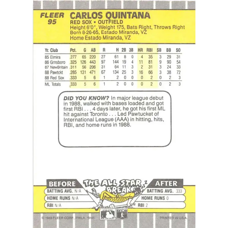 1989 Fleer #95 Carlos Quintana EX Excellent RC Rookie Boston Red Sox Baseball Card - Baseball Card Single