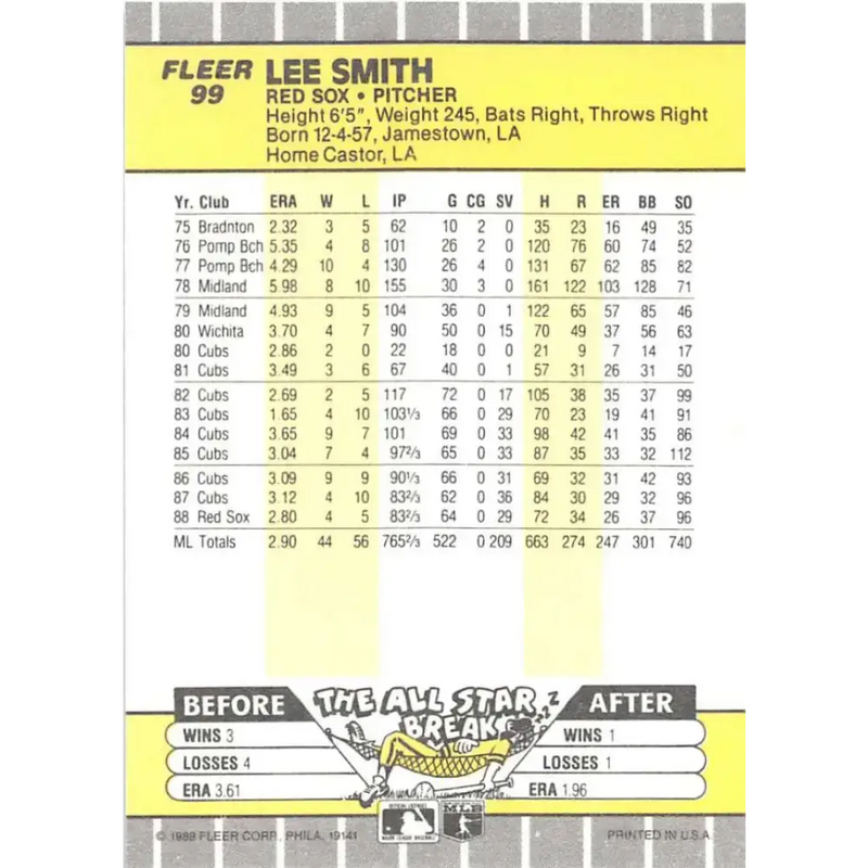 1989 Fleer #99 Lee Smith EX Excellent Boston Red Sox Baseball Card - Baseball Card Single